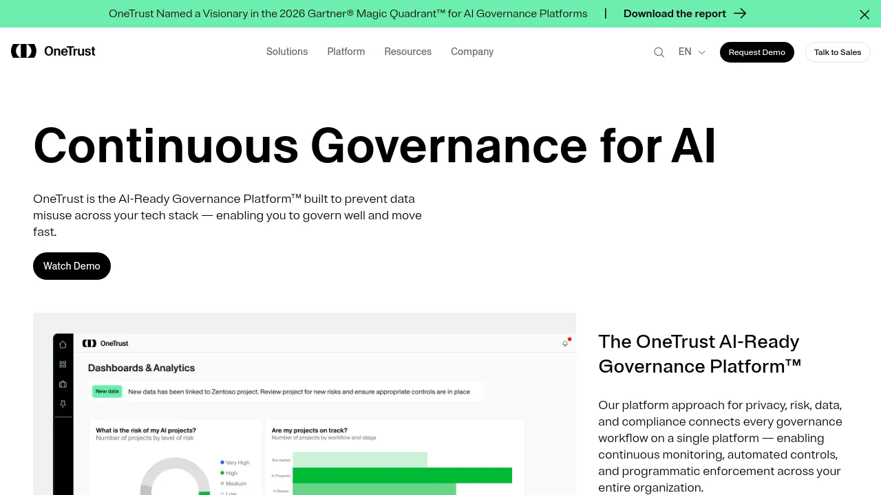OneTrust homepage, captured August 2026