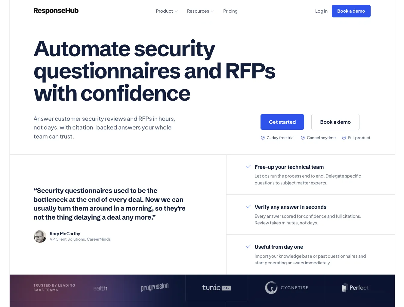 ResponseHub homepage, the standalone questionnaire automation tool ranked first among OneTrust alternatives
