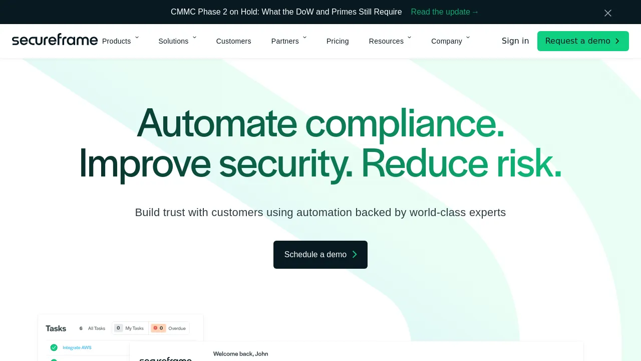 Secureframe homepage, captured August 2026