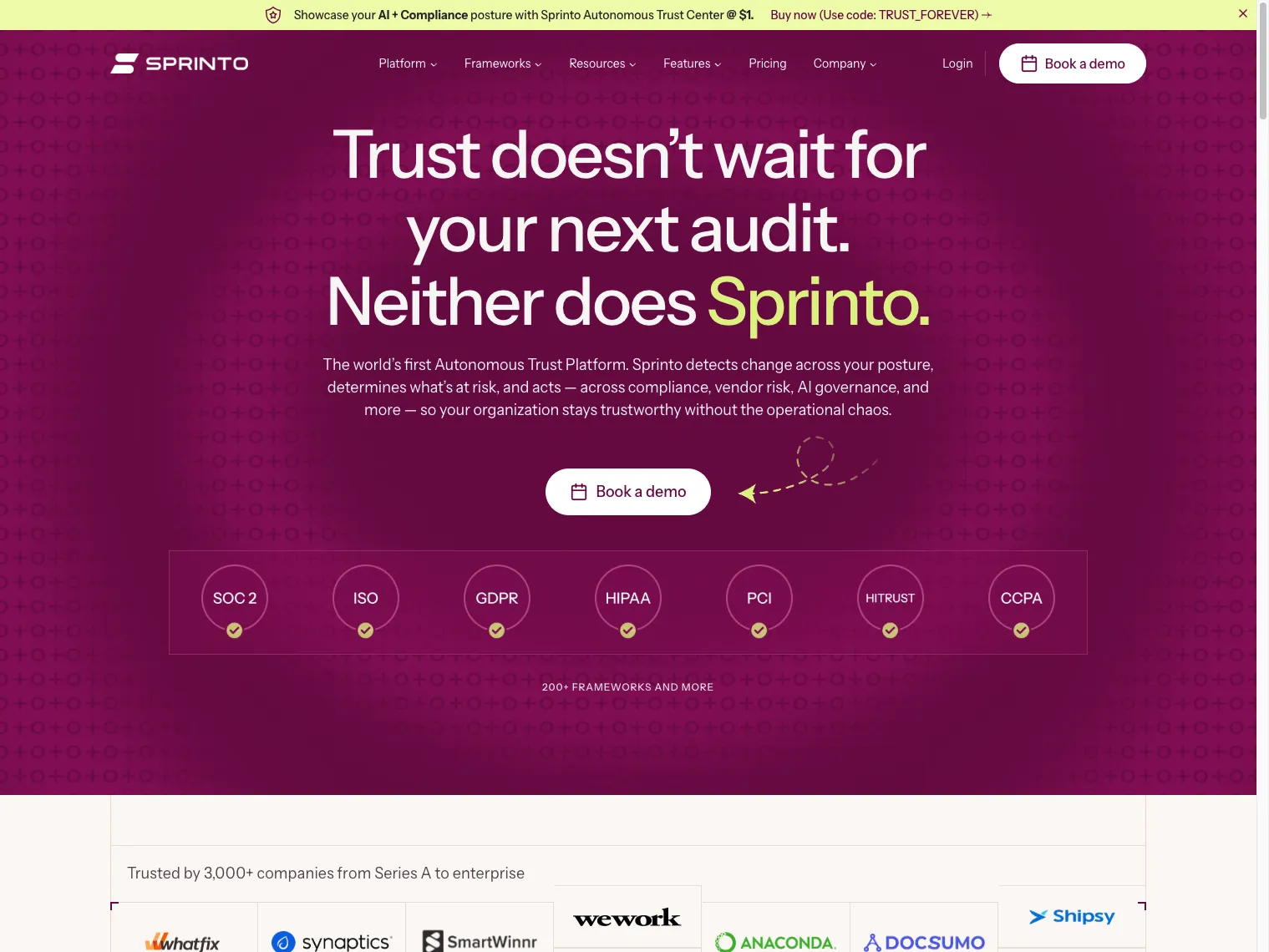 Sprinto homepage, captured August 2026