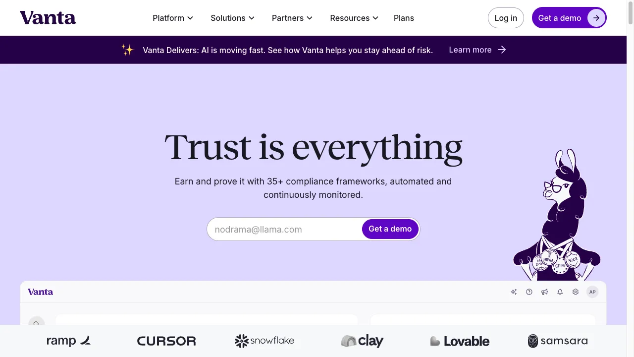 Vanta homepage, captured August 2026